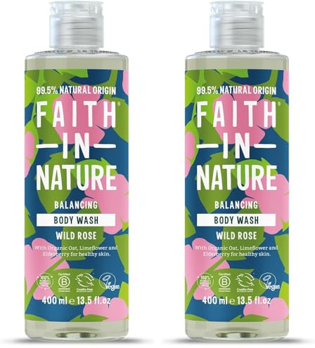 Faith In Nature Natural Wild Rose Body Wash, Balacing Shower Gel, Vegan and Cruelty Free, No SLS or Parabens, 400 ml (Pack of 2)