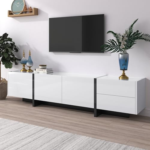 Physport TV cabinet, low panel with colorblocked legs in white and black, with doors and drawers, doors with shelves. Simple line design