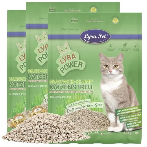 Lyra Pet® | 3 x 10 Liter Lyra Power Grasfaser Klump Katzenstreu | Natürliche, biologisch abbaubare Klumpstreu | 500% Saugkraft | Auch für empfindliche Katzen | Staubarm für eine saubere Wohnung