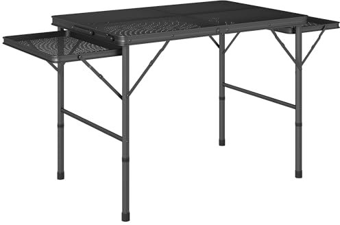 Outsunny Table de Camping Pliante Table de Jardin Portable avec 2 étagères latérales, Hauteur réglable pour Camping, Pique-Nique, Barbecue, Noir