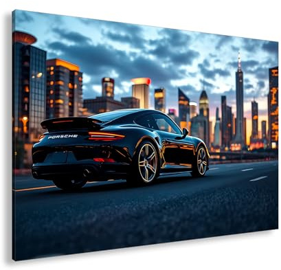 deyoli Schwarzer Porsche vor Skyline – elegant, schnell, urban. Format: 60x40cm XXL Kunstdruck Motiv auf Holzrahmen/Leinwandbild/Wandbild/Wohnzimmer Dekoration
