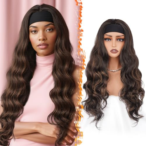 BARSDAR Gewellte Stirnband Perücke Mix Braun, 66cm Lange Lockere Gewellte Synthetisches Stirnband Perücke für Frauen - Wear and Go Glueless Wig Leichtes Natürliches Aussehen Stirn Band Perücken
