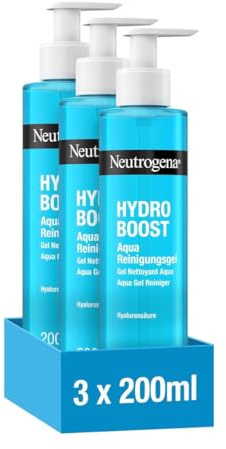 Neutrogena Hydro Boost Aqua Reinigungsgel, 3 x 200 ml | Sanfte Gesichtsreinigung mit Hyaluronsäure für empfindliche Haut, Make-up Entferner für eine effektive & schonende Reinigung
