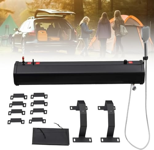 DUXMM Réservoir d'eau pour galerie de Toit extérieure, Douche de Toit pour Tout-Terrain, avec Tuyau d'eau de 1,5 m et pommeau de Douche, pour SUV, Camping-Cars et véhicules Tout-Terrain 30L
