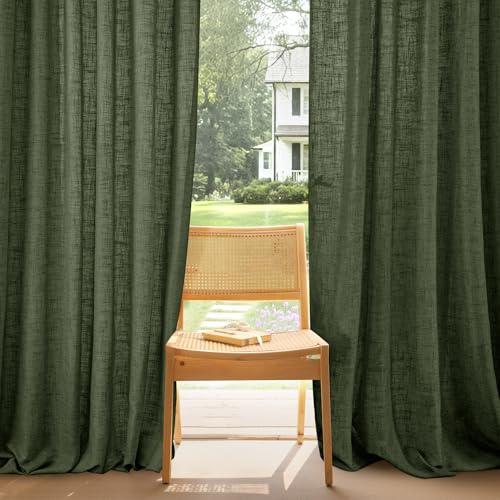 PONY DANCE Linen Curtains Boho Style Kräuselband Gardinen Halbtransparent | 2er Set, H245 x B140 cm, Matcha-Grün, 220g/m², Dicht, Schwer, Leinenoptik, für Schienensystem, für Schlafzimmer Wohnzimmer