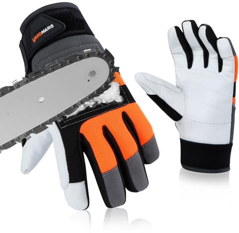 YARDMARIS Guanti per motoseghe Classe 1 (20 m/s) Protezione da taglio EN ISO 11393-4 | Con protezione 12 volte sul dorso della mano sinistra, in pelle di capra e PVC, guanti forestali per motoseghe da