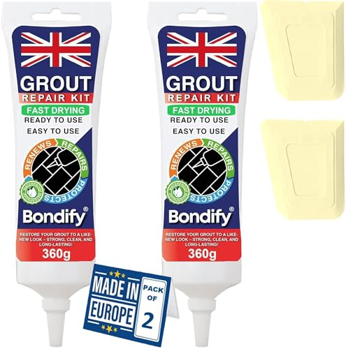 BONDIFY Waterproof Cream Grout Repair Kit Ready Mixed 360x 2PCs FAST DRYING | EXTRA VOLUME Anti Mould Cream Tile Grout Reviver for Shower, Bathroom, Patio, Quick Drying Tile Gap Filler Premixed