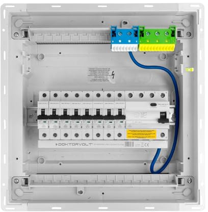 Doktorvolt Sicherungskasten Unterputz 1-reihig 12 Module – Verteilerkasten verdrahtet mit 8x MCB 1x RCCB VDE geprüft IP40 Hager Verteilerschrank 356x348x98 mm für Haus Garage und Werkstatt