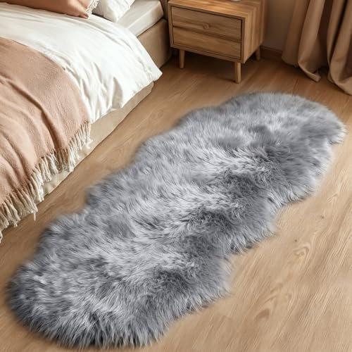 Faux Lammfell Schaffell Teppich 60x160 cm, Lammfellimitat Teppich Flauschiger Weicher Fell Teppiche Longhair Fell Lammfellimitat Carpet für Stühle Sofa Schlafzimmer Kinderzimmer (Grau, Unregelmäßig)