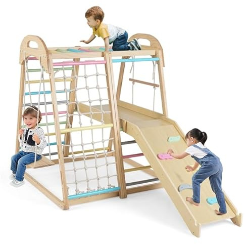 COSTWAY Klettergerüst Indoor, 8 in 1 Affenstange & Schaukel & Kletternetz & Kletterleiter & Kletterstrick & Kletterfelsen & Rutsche & Plattform, Kinder Spielplatz Holz, für Kinder ab 1 Jahr (Macaron)