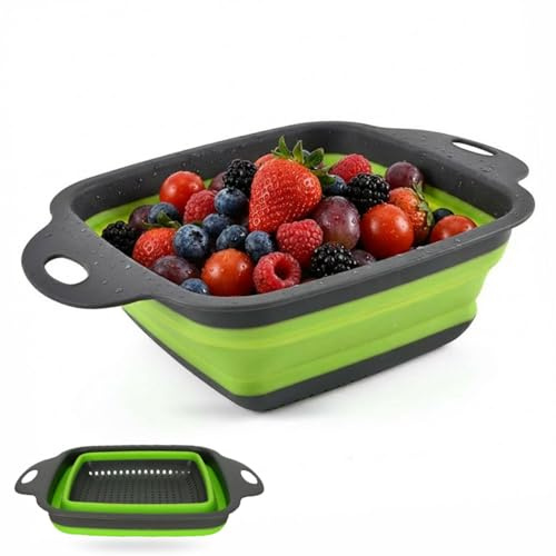 Scolapasta pieghevole in silicone con manici, colino da cucina pieghevole quadrato, scolapasta grigio e verde, scolapasta in plastica salvaspazio per lavello