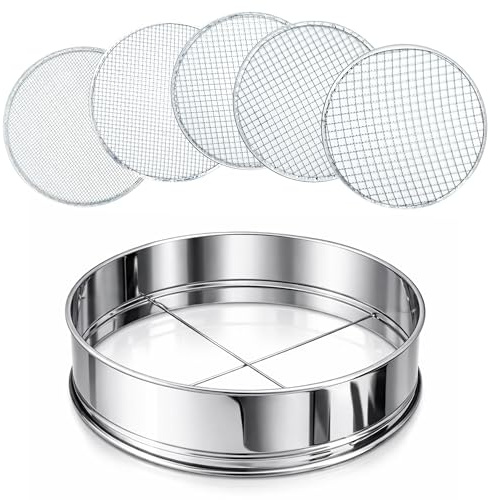 Flatro Garden Sieve for Soil and Stone | Stainless Steel Frame Soil Sieve Garden Riddle with 5 Interchangeable Fine Mesh Inserts (3mm, 5mm, 8mm, 10mm, 12mm) | Metal Garden Compost Soil Sifter