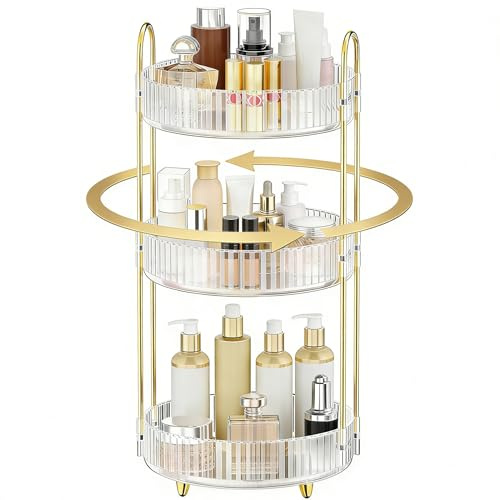Yuxingda Makeup Organiser 360 Rotating for Vanity, 3 Tiers Skincare Organiser Makeup Storage, Multi-Function Perfume Stand for Dressing Table, Bathroom & Kitchen