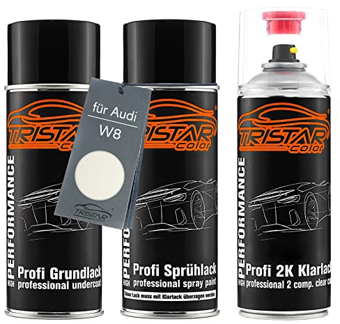 TRISTARcolor Autolack 2K Spraydosen Set für Audi W8 Weiss Perl/Weiss Perlmutt Grundlack Basislack 2 Komponenten Klarlack Sprühdose