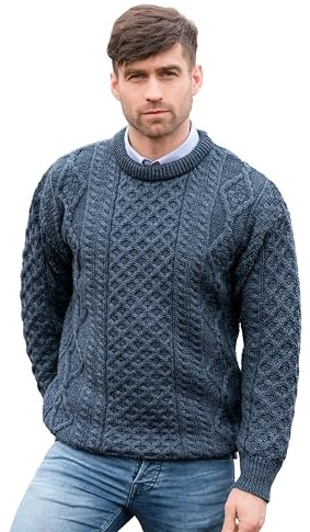 Aran Crafts - Maglione a Girocollo Irlandese, Morbido, Lavorato a Maglia (100% Pura Lana Nuova) - Blu - M