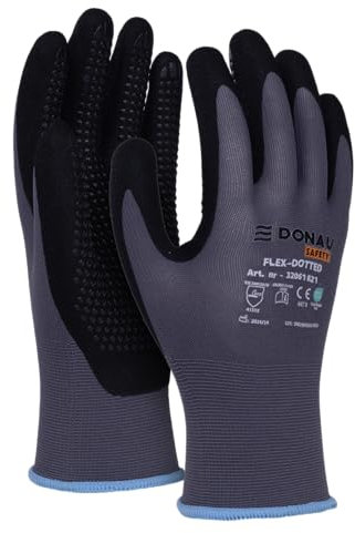 DONAU SAFETY Flex-Dotted Handschuhe Arbeitshandschuhe mit Anti-Rutsch Griff Noppen/Größe 09/L, 1 Paar/Grau-Schwarz/Mechaniker Montagehandschuhe/Nitril beschichtet Leicht Ölbestandig, Nylon