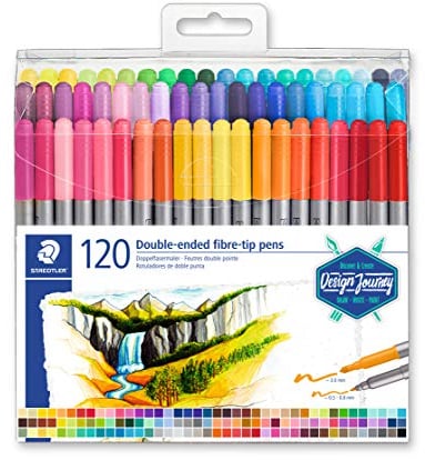 STAEDTLER Doppelfasermaler, zwei Spitzen für schmale und breite Linien, Klarfaltetui mit 120 leuchtenden Farben, 3200 TB120