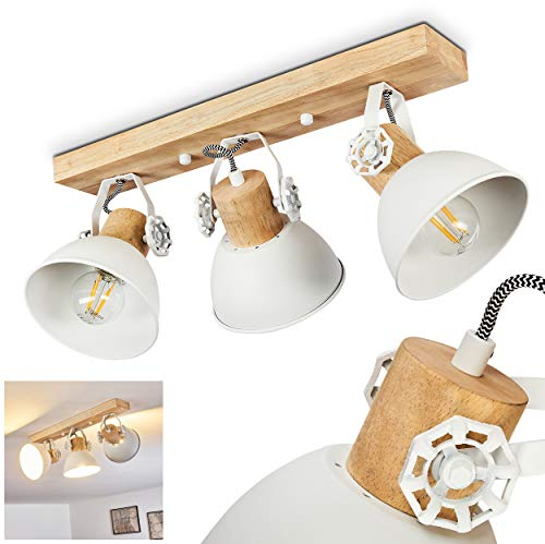 Orny Ceiling Light, Metal/Wood Ceiling lamp in White/Brown, 3-Flame, with Adjustable spotlights, 3 x E27 Socket, Retro/Vintage Design Spotlight, Bulbs not Included