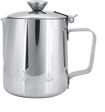 MAGT Taza de café, Jarra De Leche De Acero Inoxidable con Tapa, Taza de Acero Inoxidable Jarra de Espuma de Leche para café con Leche Arte(350ML)