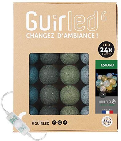 GuirLED - LED Baumwollkugeln Lichterkette USB - Baby Nachtlicht 2h - Dual USB 2A Netzteil enthalten - 3 Intensitäten - 24 Kugeln 2.4m - Romania