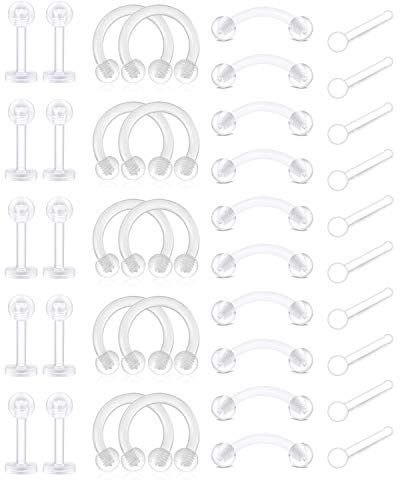Rajnard 16G 18G Clear Piercing Retainer Septum Lip Augenbrauenstange für die Arbeit Kunststoff Nasenstecker Bananabells Flexibles Nasenloch Piercing für Frauen Männer Set 1