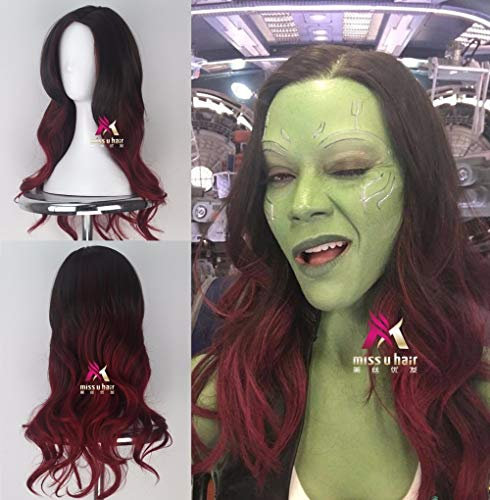 Gamora Cosplay Perücke Wächter der Galaxis Vol. 2 langes, lockiges, schwarz-rotes Kunsthaar mit Farbverlauf für Erwachsene + freie Perückenkappe