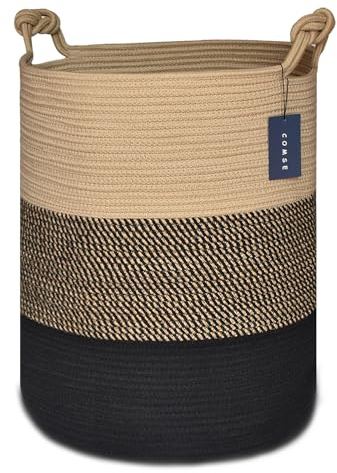 COMSE Extra Large Blanket Basket, Tall Woven Storage Basket, Nursery Hamper, 40 x 55 CM, Cotton Rope Laundry Hamper for Toys Clothes Towels, Brown/Black
