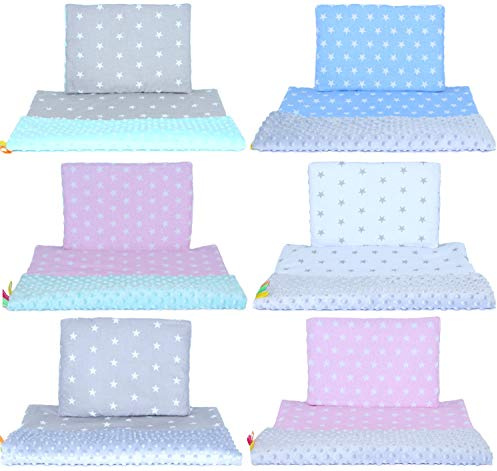 Minky Kinderwagenset - STERNE - Baby Kuscheldecke Kinder Decke Kissen (Sterne auf Grau + ROSA, 50x70/25x35 cm)