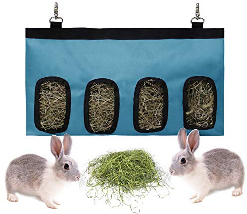 Kaninchen Heutasche Meerschweinchen Futterstation Futterspender Kleintiere Heutasche Futtersack für Hase Chinchilla Hamster Kleine Tiere (4 Fenster, Blau)
