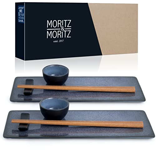 Moritz & Moritz VIDA 10-tlg. Sushi Geschirr Set für 2 Personen - Sushi Servierset mit 2x Sushi-Teller, Dip-Schälchen und Stäbchen