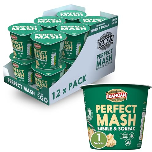 Idahoan Bubble and Squeak Mashed Potato Pots 12 x 55g - Dried Potato Mash Vegetarian and Gluten Free Instant Potato Pot Cooks in 1 Minute, Quick Lunch, Bulk Ready to Eat