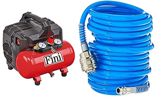 Fini D'aria Compressore Silenzioso 2 Manometri (59 dB) Silent Kompressor 2 Manometer (59dB), 6L, 1.0 PS, 8 Bar, 750 W, 230 V, Rot & Güde 41400 SB Druckluft Spiralschlauch 5 M