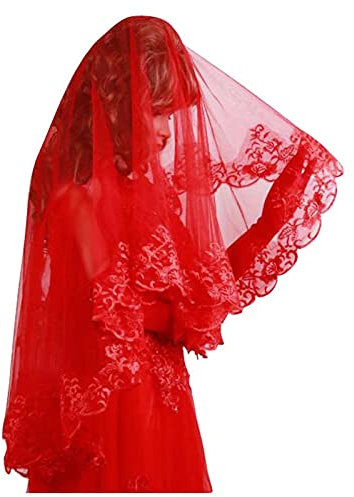 Klassisches rotes Brautkopftuch, Brauthochzeitsschleier, einfache Hochzeitsspitze Zubehör Kopfschmuck für Frauen