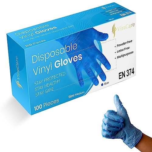 100 x Blue Disposable Gloves | Vinyl Gloves Disposable | Latex free glove | Powder Free Glove | Strong And Non-Sterile | (Medium, 1 Pack of 100)