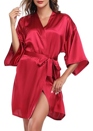 Wikoan Bademantel Damen Satin Morgenmantel Kurz Kimono Robe Mit Gürtel Bademäntel Leichte Nachtwäsche Bathrobe Sexy V-Ausschnitt A-Weinrot XXL