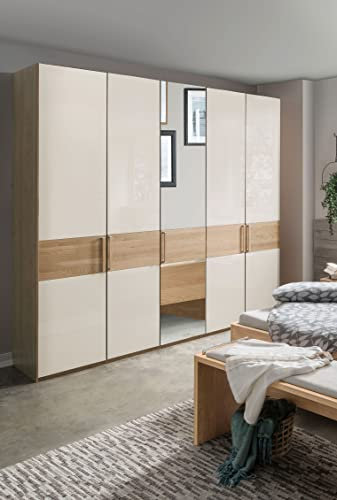 WIEMANN Kiruna Kleiderschrank, Schlafzimmerschrank, Drehtürenschrank, Breite 250 cm, 5-türig, Eiche, Glas, Champagner, beige, grau, mit Spiegel, Querriegel, B/H/T 250x217x58 cm