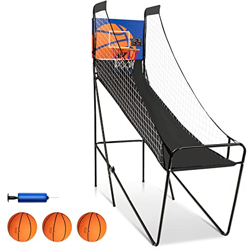 GOPLUS Tragbares Arcade-Basketballspiel, klappbares Basketball-Arcade-Spiel für Kinder mit elektronischem Scorer, Buzzer, 3 Basketbällen & Pumpe, Basketball-Spielmaschine für Partys, Treffen
