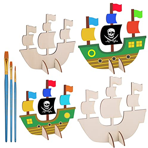 Zocipro 8 Stück Holz Piratenschiff Bastelset Kinder Segelschiff zum Bemalen Piraten Segelboot zum Basteln Kreativsets mit 3 Pinsel für Jungen Mädchen Schatzsuche Spiel Pirat Kindergeburtstag Party