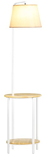 HOMCOM Lampadaire sur pied lampe au sol avec abat-jour en tissu et 2 étagères rondes en bois, interrupteur au pied, hauteur 162 cm, blanc