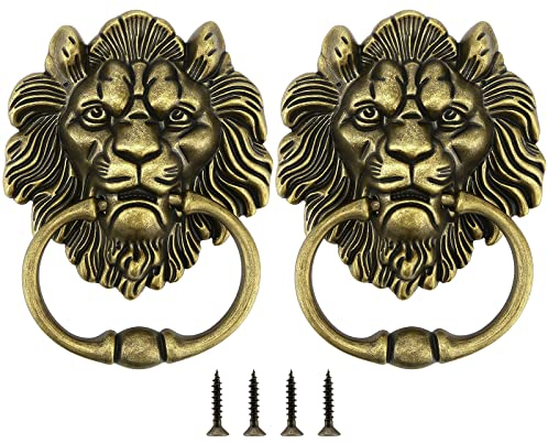 KEILEOHO 2 Stück 16,3 cm Löwenkopf-Türklopfer, antiker Bronze-Löwen-Türgriff, klassischer Löwenkopf-Klopfer, dekorativer Haustürklopfer, Zug-Türring für Zuhause, Hotel, Büro