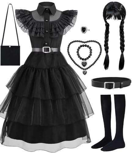IKALI Gotisches Schwarzes Kleid Mädchen, Halloween Kinder Hexenkostüm Set 8-Teilig