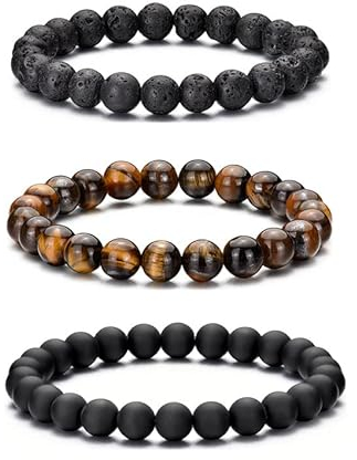Bracelet œil de tigre pour hommes, ensemble de bracelets de perles en pierre naturelle de 8MM, bracelets extensibles en pierre de lave, réglables, en perles de cristal noir, cadeaux pour hommes