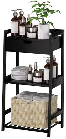 POXAKA Bathroom Shelves, 3 Tier Ladder Shelf with Drawers, Bamboo Bookshelf Open Shelving, Nightstand Bookcase End Table Plant Stand for Living Room, Bedroom, Bathroom, Kitchen (Classic Black)
