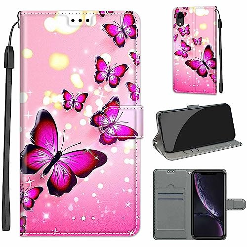 TOMYOU PU Leather Wallet Case for iPhone XR, Pink Butterfly | Pouch Design, Book Flip Folio, Magnet Closure, Kickstand, Card Slots, Wrist Strap Lanyard, Pattern Style