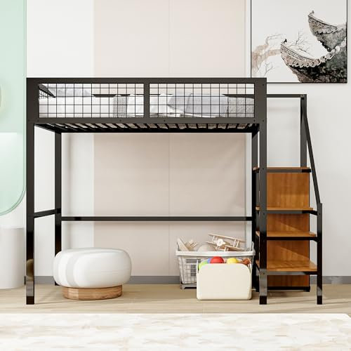 I0I&I0I Hochbett 90 * 200 mit Leiter, Kinderbett und Stauraum - Stabiles Metallgestell (Schwarz)