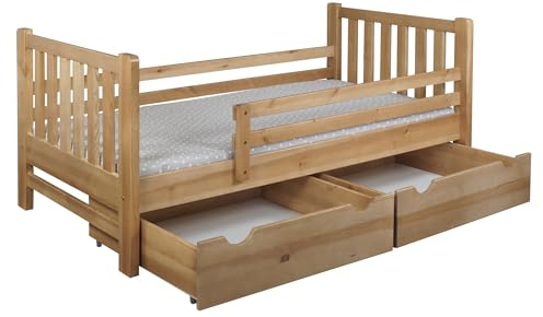 Meble Doktór Holzbett - Bett aus Kiefernholz – Tina 90x200 - Kinderbett - Holz mit Schubladen - mit Matratze – Kinderzimmer – Holzmöbel – 100% Naturholz - Massivholzbett