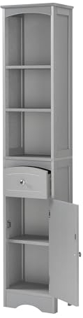 SHOSYEL Badezimmerschrank mit Einer Schublade, offenes Fach und verstellbaren Regalen, Badezimmermöbel, Eckschrank, 34 x 24 x 170 cm (hellgrau)
