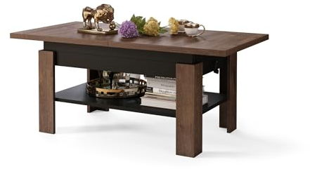 All4All Couchtisch Rino - Kaffeetisch - Wohnzimmertisch mit Ablage - Sofatisch - ausziehbar bis 170cm - höhenverstellbar - 130x65cm - 05 - Braune Eiche + Schwarz