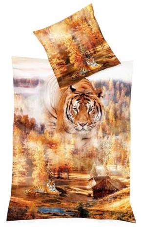 JACK by Kaeppel Mako Satin Digitaldruck Bettwäsche 2 TLG. Tiger Raubkatze Wald Wild Ocker Herbst Orange, Größe:155x220cm Bettwäsche