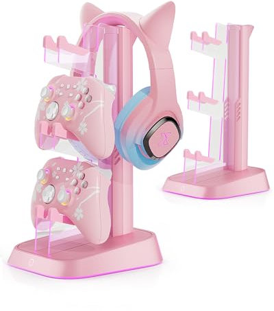 Mytrix RGB Gaming Headphone Stand & Controller Holder with Multi-Light Modes - Headset Stand with 2 USB Charging Ports and Type-C - Perfect Desktop Accessory and Gift for Gamers (Pink)